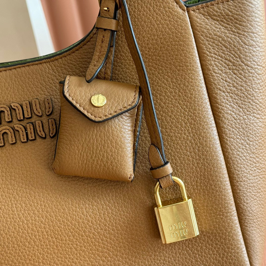 Miu 25ss Leather Bucket Bag 25.5 Brown Grain Leather
