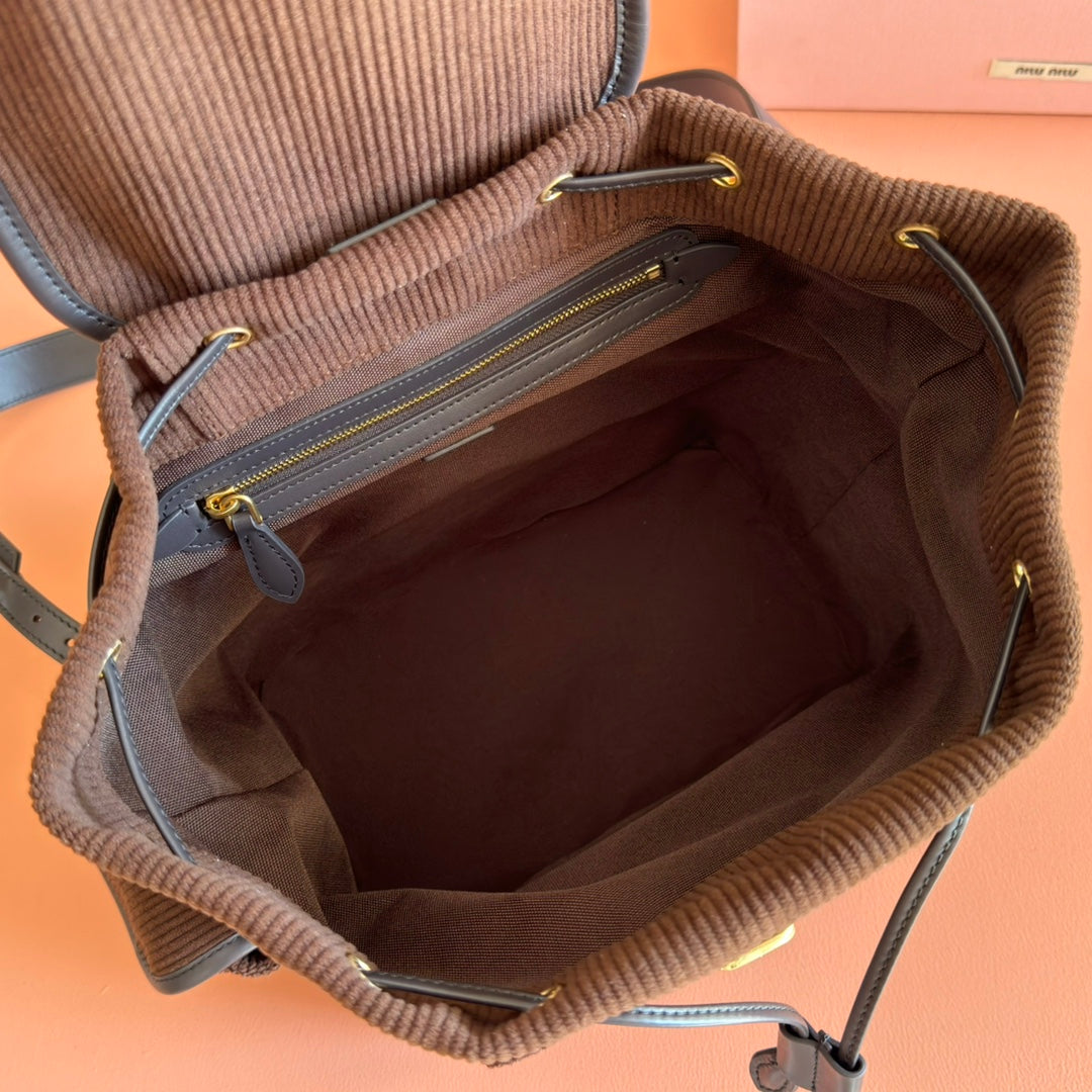 Miu Medium Corduroy Backpack Dark Brown Leather-Trim