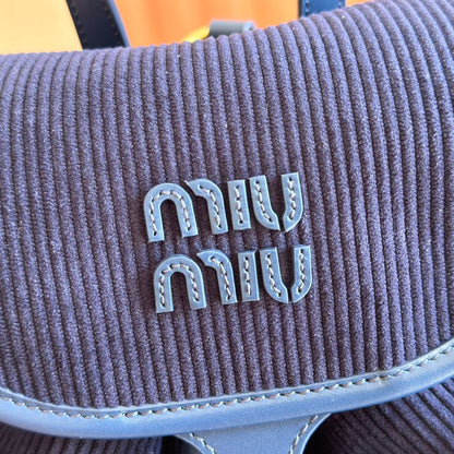 Miu Medium Corduroy Backpack Navy Blue Leather-Trim