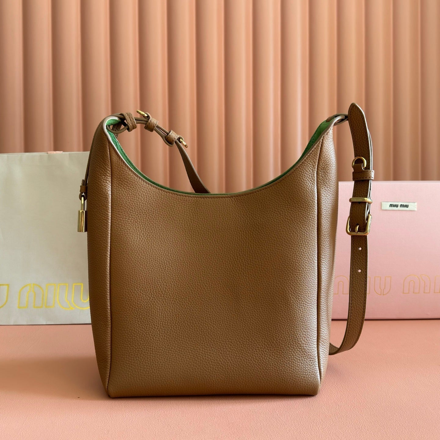 Miu Leather Bucket Bag 23cm Brown Grain Cowhide