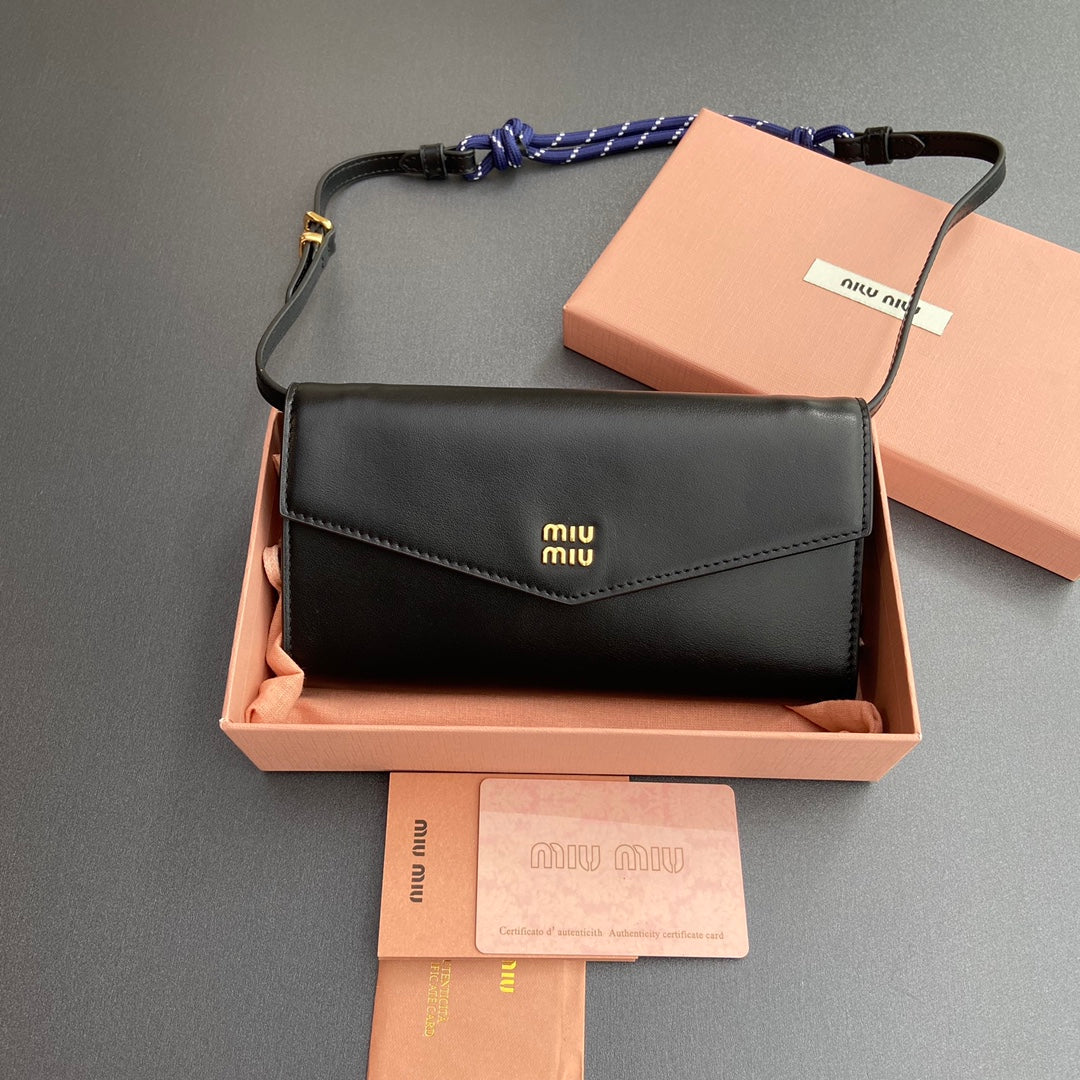 Miu Logo Wallet On A Chain 19 Lettering Black Calfskin 240411