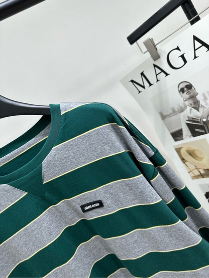 Miu 26s Striped Jersey Sweatshirt Green Gray Cotton 349692