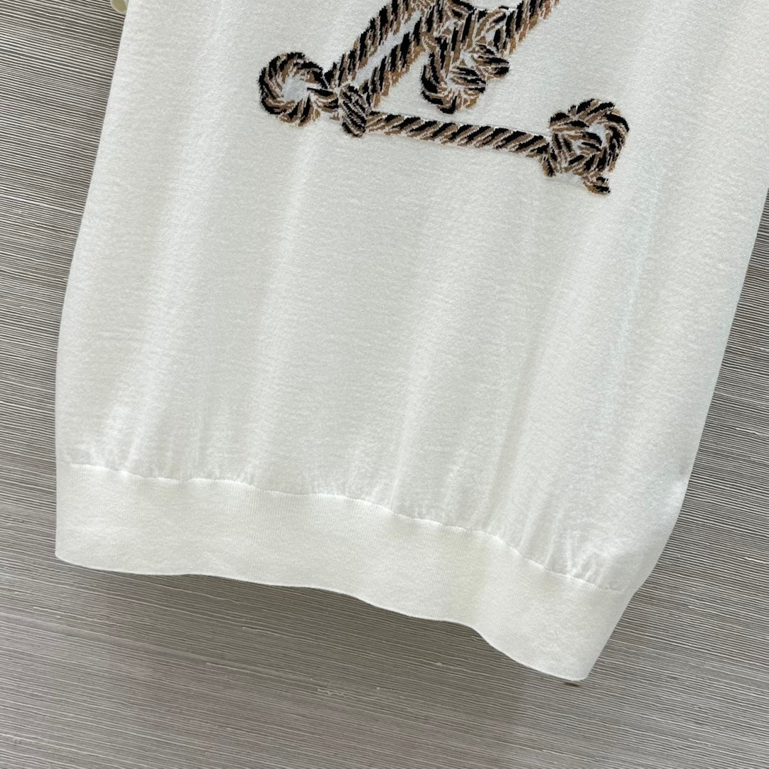 LV 25 Button Rope Jacquard Knitted T-Shirt White Wool Polyester