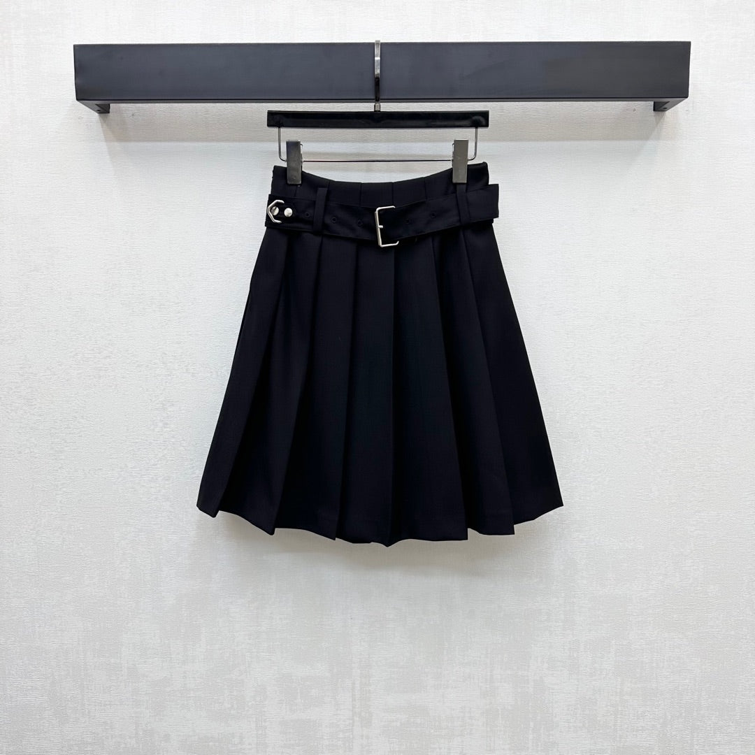 Prada Belted Pleated Midi Skirt Black Polyester 350159