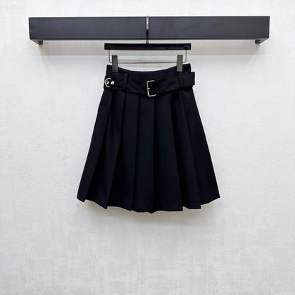 Prada Belted Pleated Midi Skirt Black Polyester 350159