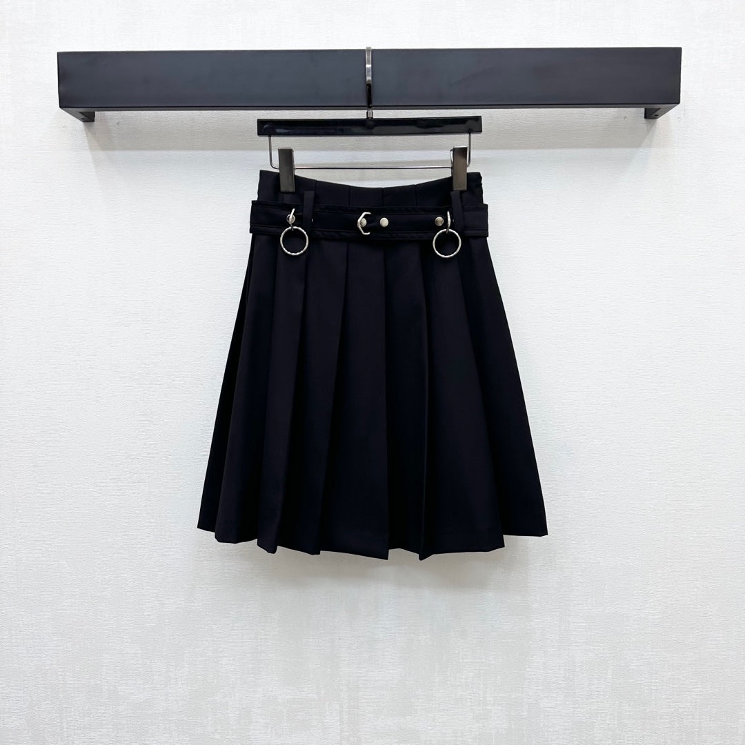 Prada Belted Pleated Midi Skirt Black Polyester 350159