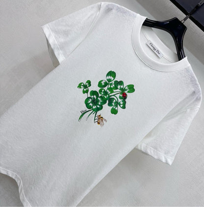 CD SS26 Fitted T-Shirt Green Dior Clover Motif White Cotton 351003