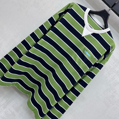 Prada Crew Neck Striped Block T-Shirt Blue Fern Green Cotton 350365