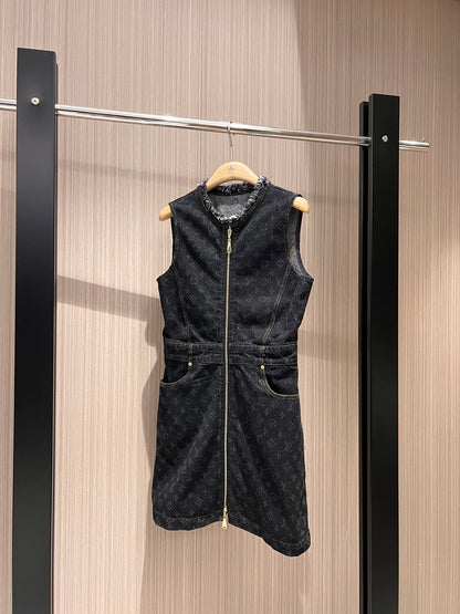 LV Denim Fabric Double Head Zipper Dress Black Blue Cotton