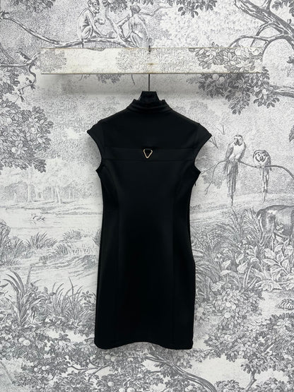 LV 25 Stand-Up Collar Ruffled Edges Dress Black Polyester