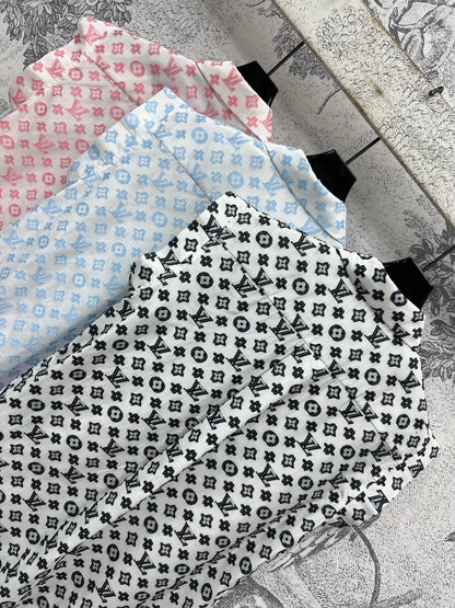 LV 25 Retro Hong Kong Small Flying Sleeve Shirt Pink Black Blue Viscose Rayon