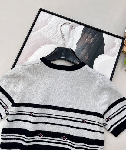 Chanel 2026 Striped Knit Short-Sleeve Top Black White Wool Nylon