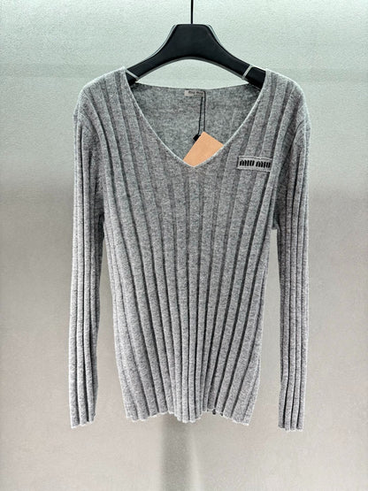 Miumiu 2026 V-neck Sweater Grey Wool Cashmere