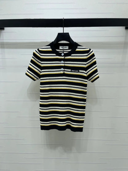 Miumiu 2026 Striped Knit Short-sleeved Top Cream and Black Wool Tencel 356453