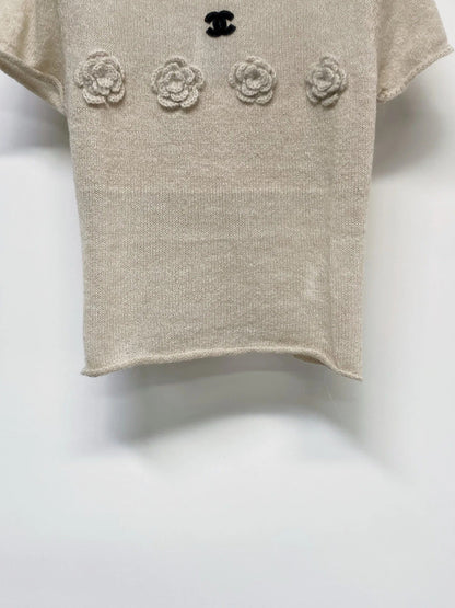 Chanel 2026 Floral Short Sleeve T-shirt Black and Beige Wool