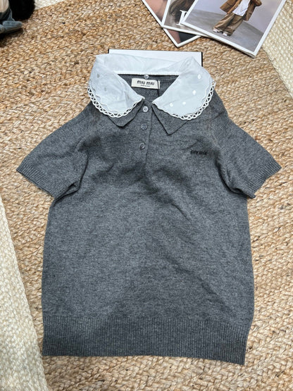 Miumiu 2026 Embroidered Poplin Collar Polo Gray Wool