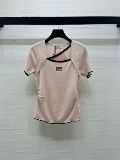 Miumiu 2026 Square Neck Knit Short-Sleeve Top Wool Cashmere 355575
