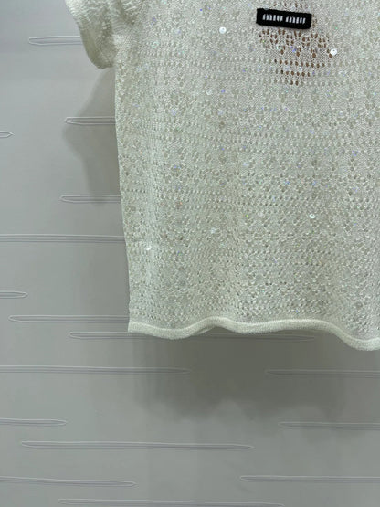 Miumiu 2026 Hollowed-out Knit Top Blue White Wool Polyester