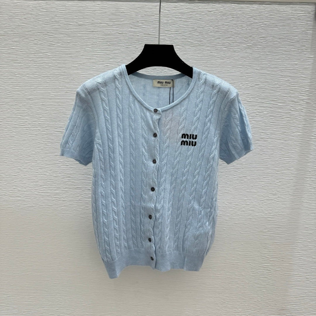 Miumiu 2026 Knit Short-sleeved Cardigan White and Blue Wool