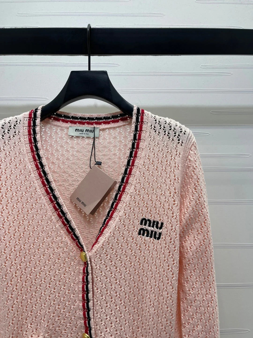 Miumiu 2026 V-neck Openwork Knit Cardigan Pink Wool 299315
