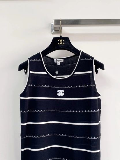 Chanel 2026 Black And White Striped Knit Tank Top Wool Cashmere