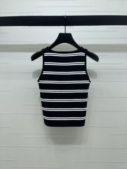 Miumiu 2026 Crew Neck Striped Knit Vest Black and White Wool 352631
