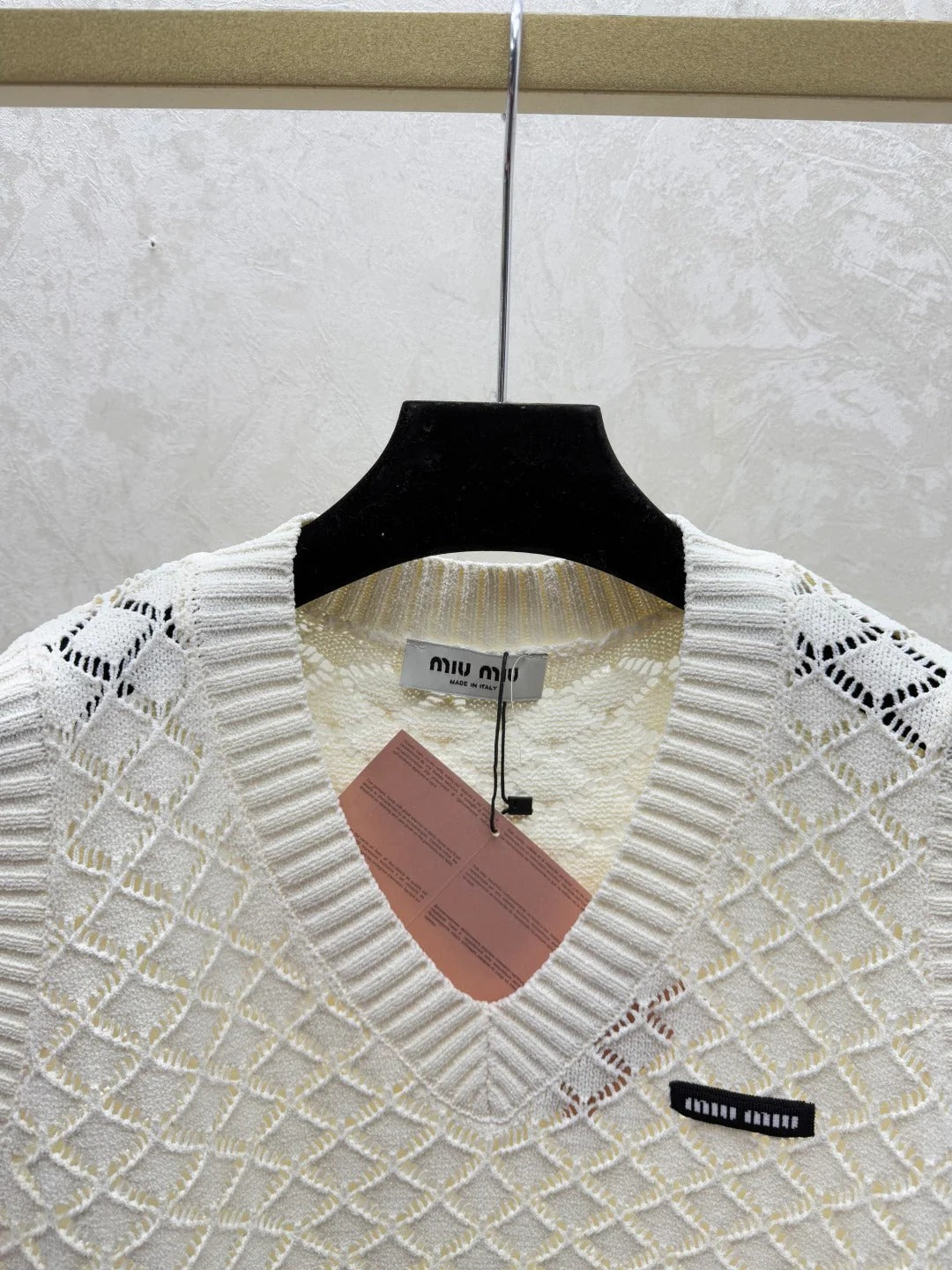 Miumiu 2026 Round Neck Openwork Knit Vest Cream and Purple Viscose Nylon