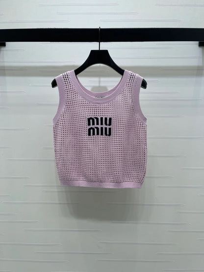 Miumiu 2026 Hollow-out Letter Knit Vest Yellow and Purple Cotton 352580