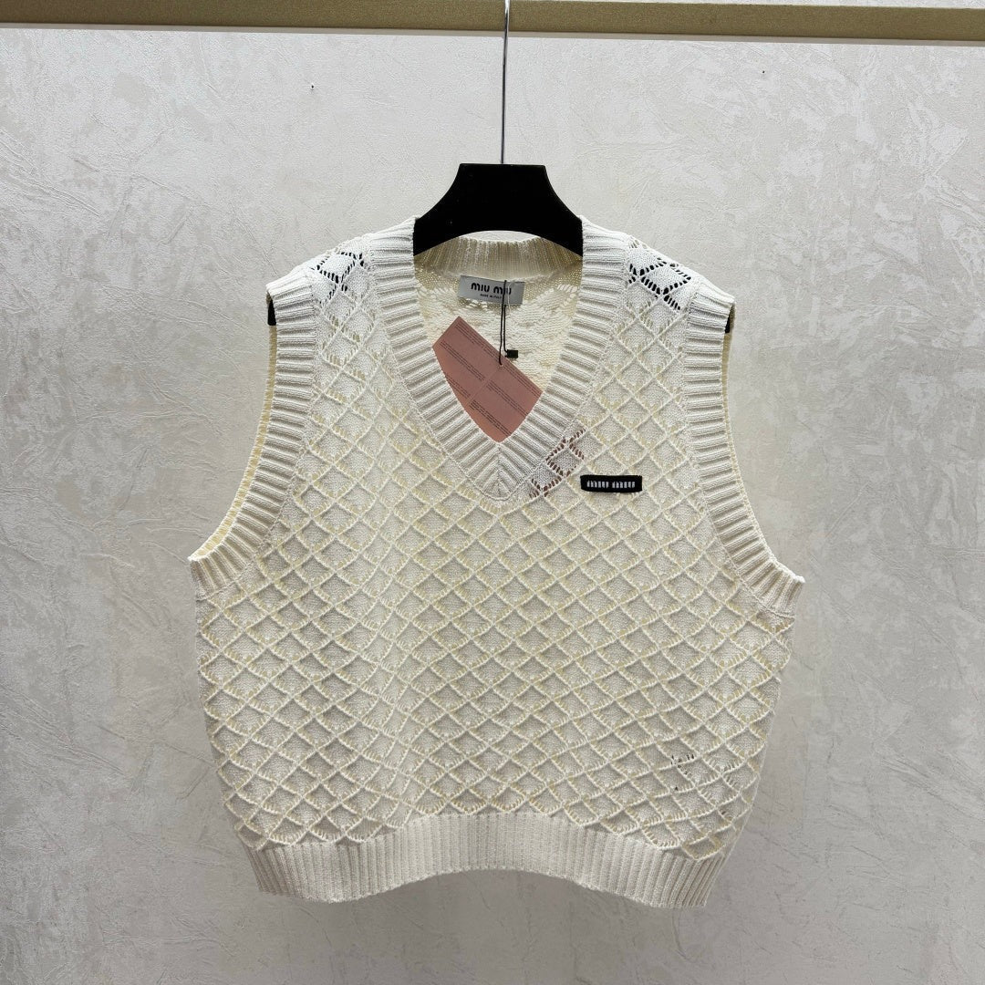 Miumiu 2026 Round Neck Openwork Knit Vest Cream and Purple Viscose Nylon