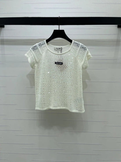 Miumiu 2026 Hollowed-out Knit Top Blue White Wool Polyester