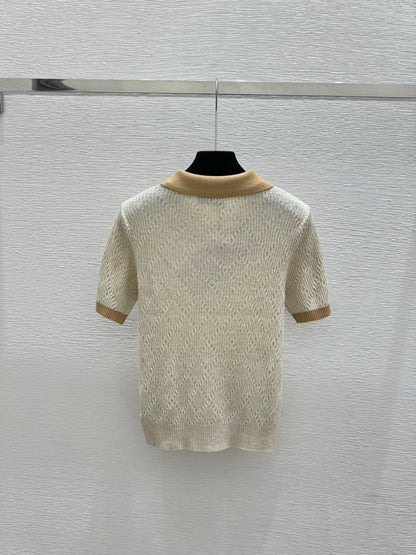 Miumiu 2026 Short-sleeved Knit Polo Shirt Beige and Gray Wool