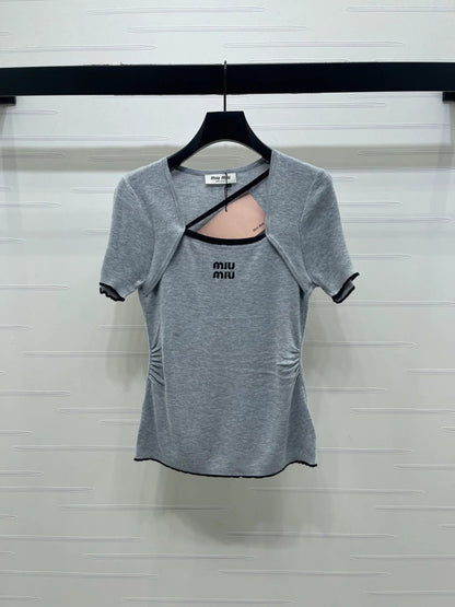Miumiu 2026 Square Neck Knit Short-Sleeve Top Wool Cashmere 355575