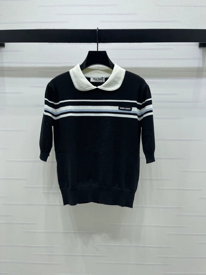 Miumiu 2026 Pan Collar Knit Short-sleeved Top Cream and Black Tencel 352458