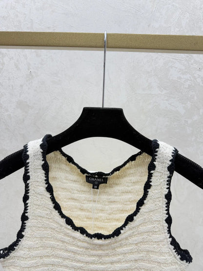 Chanel 2026 Crochet Knit Vest Black and Off-White Wool
