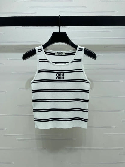 Miumiu 2026 Crew Neck Striped Knit Vest Black and White Wool 352631