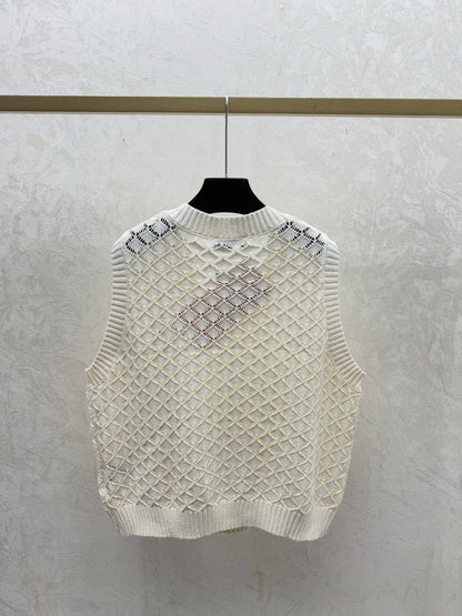 Miumiu 2026 Round Neck Openwork Knit Vest Cream and Purple Viscose Nylon