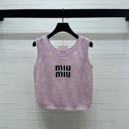 Miumiu 2026 Hollow-out Letter Knit Vest Yellow and Purple Cotton 352580