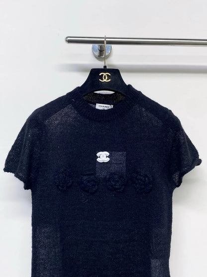 Chanel 2026 Floral Short Sleeve T-shirt Black and Beige Wool