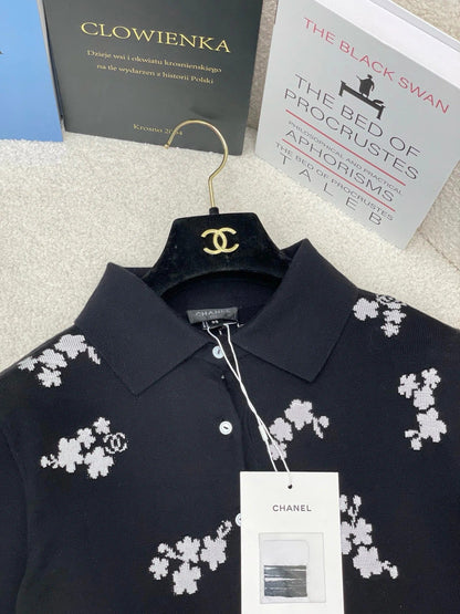 Chanel 2026 Floral Print Polo Shirt Black and White Cotton