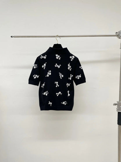 Chanel 2026 Floral Print Polo Shirt Black and White Cotton