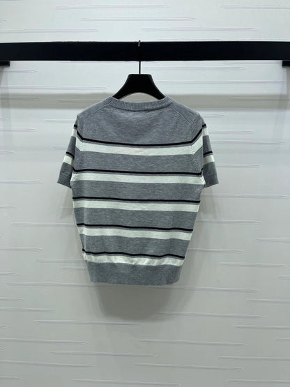Miumiu 2026 Crew Neck Striped Short-sleeved Knit Top Gray Cotton 352436