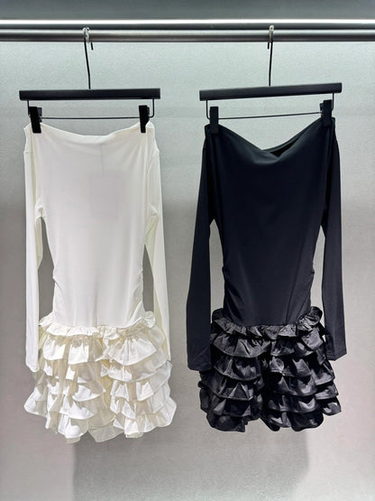 Miumiu 2026 Off-the-shoulder Tiered Dress Black and White Cotton