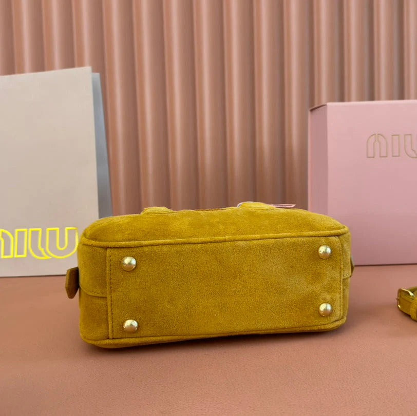 ARCADIE BAG 22 IN MUSTARD YELLOW SUEDE GOLD HARDWARE