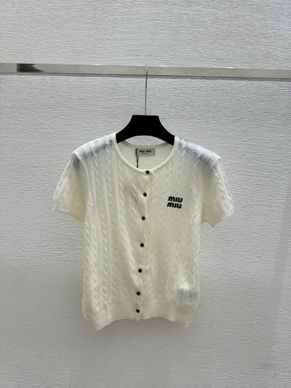 Miumiu 2026 Knit Short-sleeved Cardigan White and Blue Wool