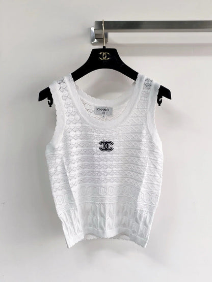 Chanel 2026 Vest White Yellow Navy Blue Wool Tencel