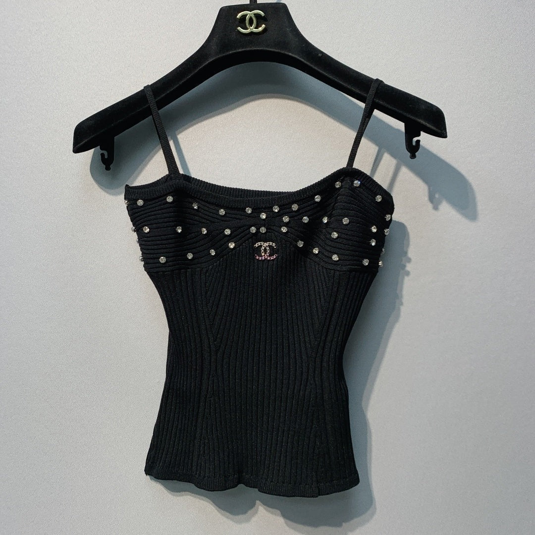 Chanel 2026 Knit Camisole White and Black Polyester Viscose