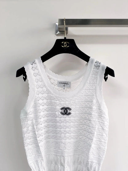 Chanel 2026 Vest White Yellow Navy Blue Wool Tencel