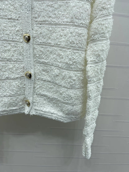 Chanel 2026 Striped Sequined Long-Sleeve Cardigan White Wool