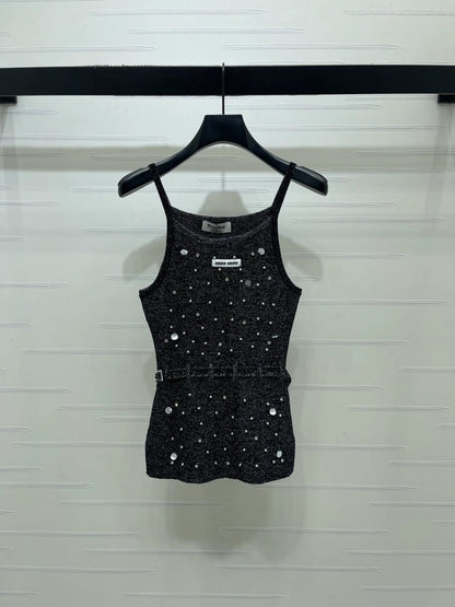 Miumiu 2026 Knit Top With Crystal Details And Belted Waist Wool