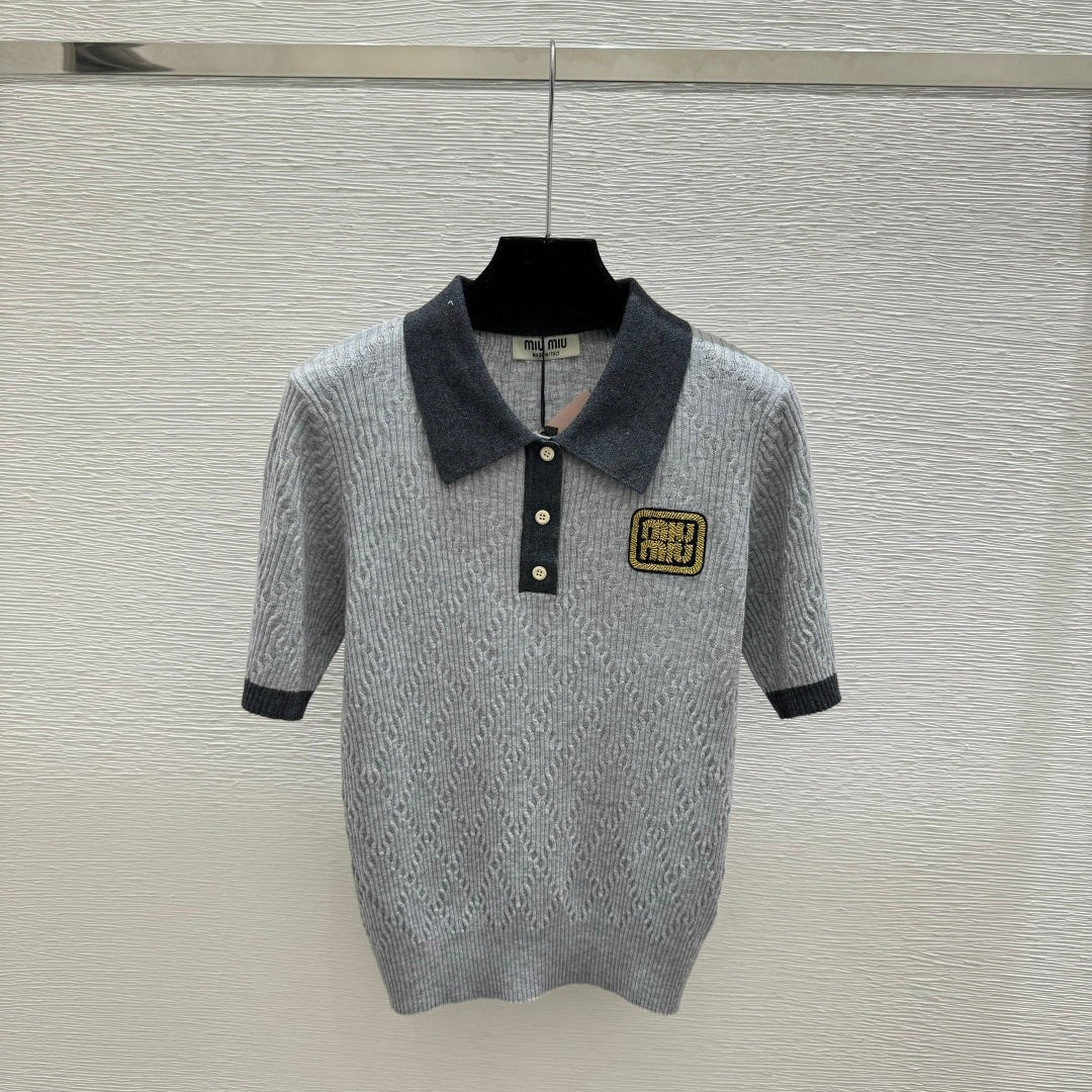 Miumiu 2026 Short-sleeved Knit Polo Shirt Beige and Gray Wool
